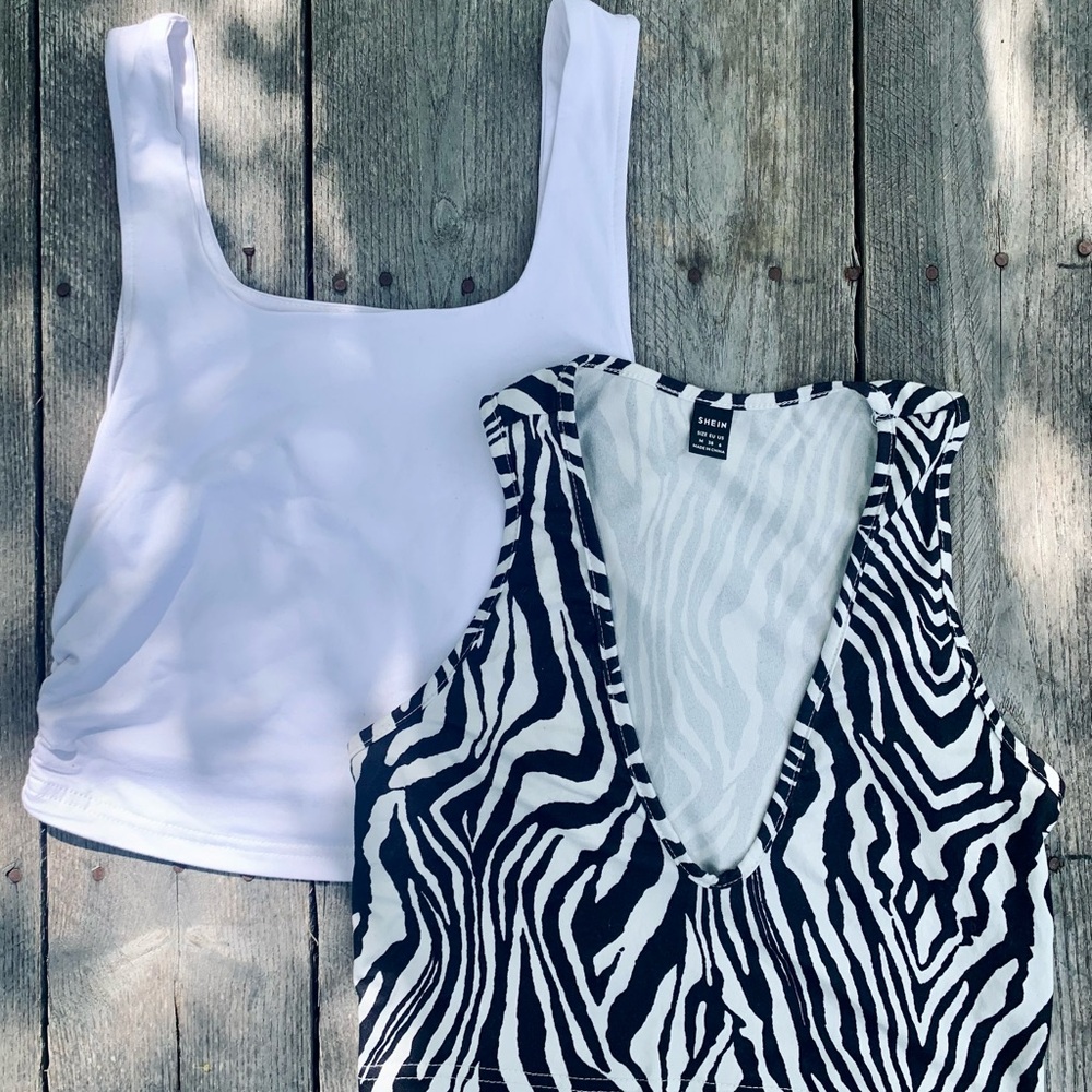 SHEIN White and Zebra Print Fitted Crop Tank Tops
